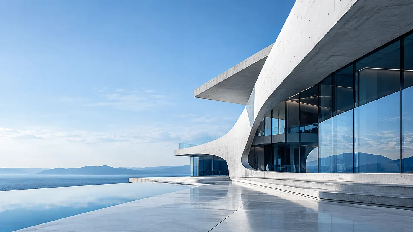 Original illustrative contemporary concrete and glass architecture Original illustrative contemporary concrete and glass architecture