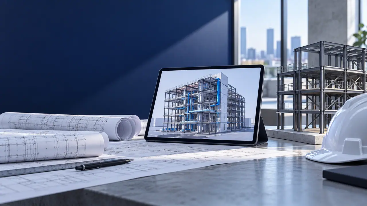 Illustrative concept: A construction coordination scene with a tablet displaying an original coordinated building model beside a small steel-frame mockup, tidy hard hat and rolled planning drawings. Illustrative concept: A construction coordination scene with a tablet displaying an original coordinated building model beside a small steel-frame mockup, tidy hard hat and rolled planning drawings.