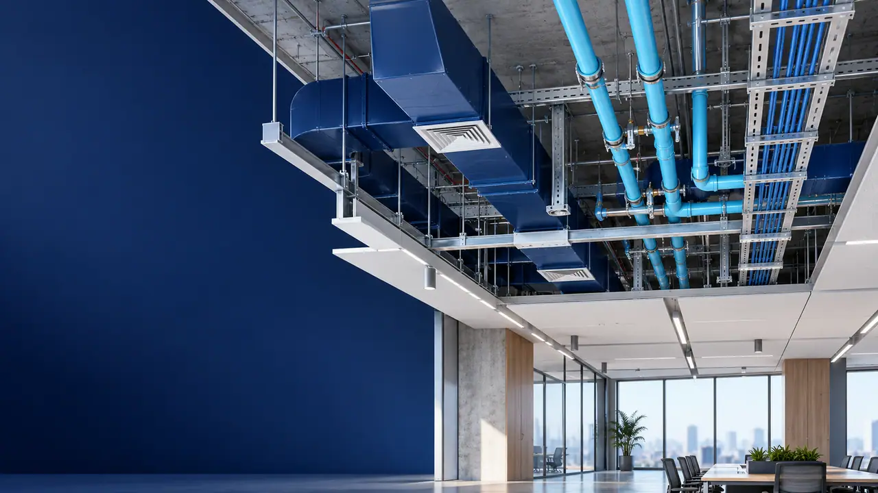 Illustrative concept: An educational MEP coordination cutaway focused on a ceiling zone with separated navy ducts, cyan pipes and cable containment, disciplined routing and accessible maintenance space. Illustrative concept: An educational MEP coordination cutaway focused on a ceiling zone with separated navy ducts, cyan pipes and cable containment, disciplined routing and accessible maintenance space.