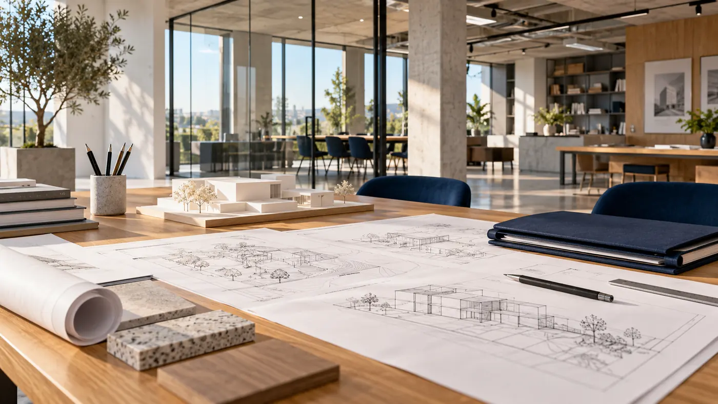 Original illustrative architecture workspace with drawings and a building model Original illustrative architecture workspace with drawings and a building model
