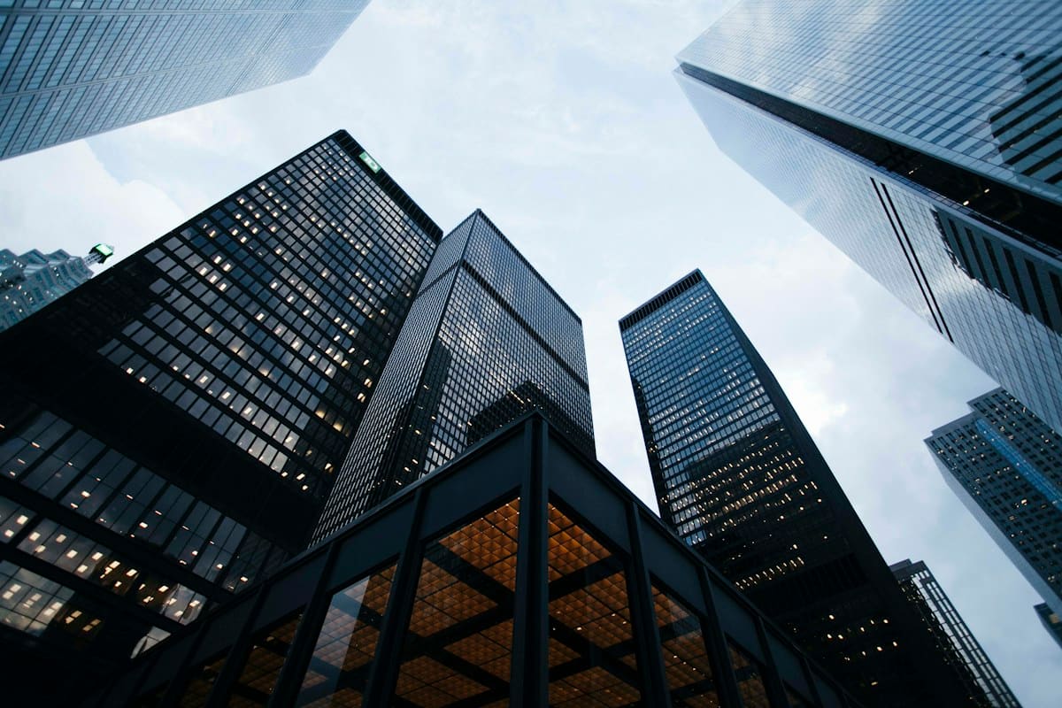 Glass architectural facade with a precise geometric grid